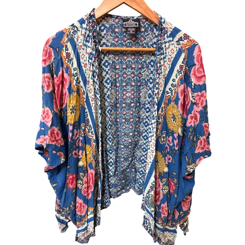 Angie Blue Floral Mixed Print Kimono Cardigan Boho Open Front Wrap Medium